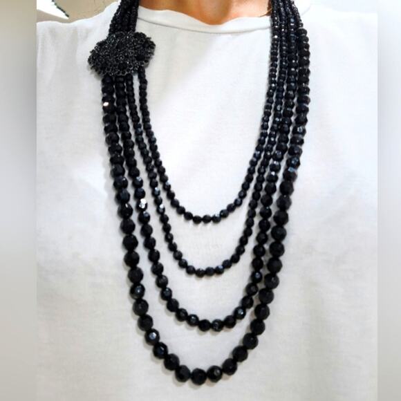 Jewelry - Vintage 4 Strand Black Faceted Bead Necklace Large Flower Pendant Coquette Noir